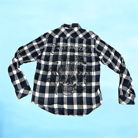 Ed Hardy Other - ED‎ Hardy Shirt Mens L Large Blue Black Embroidered Logo Embellished Rhinestone
